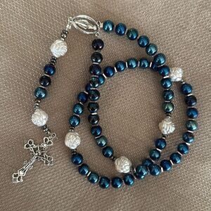 Handmade rosary.  Painted glass and metal allloy beads and pieces.